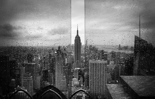 Picture glass, drops, the city, rain, USA, The Empire State Building, New York, black and white …