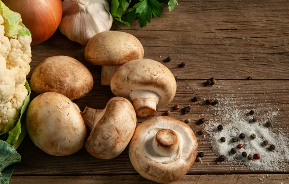 Table, mushrooms, food, bow, parsley, garlic, cauliflower