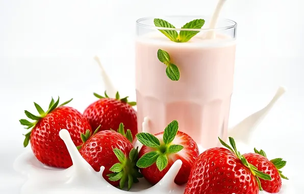 Glass, berries, splash, milk, strawberry, white background, AI art, neural network