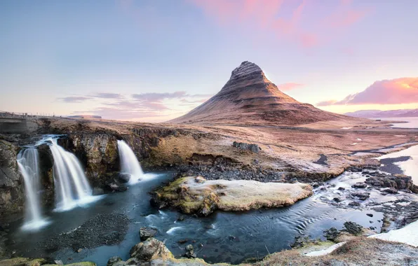 Picture mountains, river, waterfall, Kirkjufell, Western Iceland