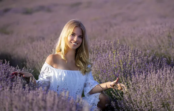 Look, the sun, flowers, smile, portrait, blonde, beautiful, posing