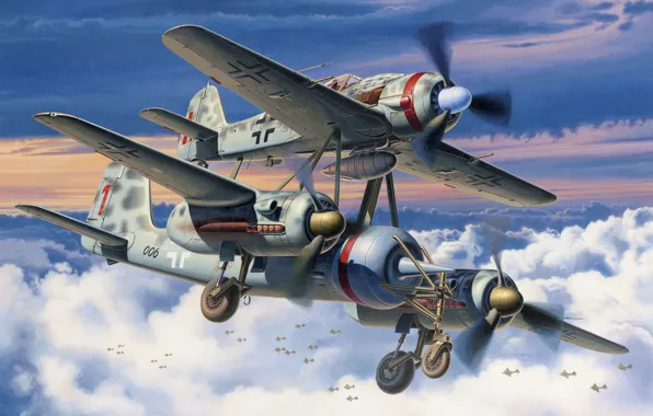 War, art, airplanes, painting, aviation, ww2, fw 190, Mistel
