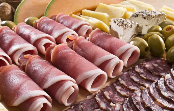 Picture cheese, meat, nuts, olives, rolls, sausage