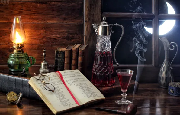 Notes, wine, the moon, smoke, watch, glass, lamp, tube