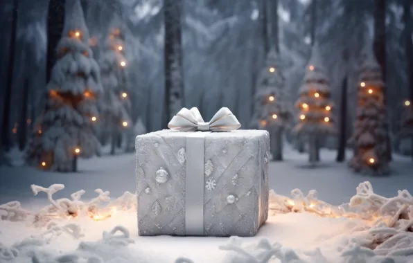 Winter, frost, forest, snow, box, gift, lights, ate