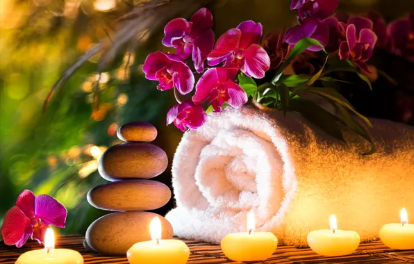 Flowers, towel, candles, orchids, Spa stones
