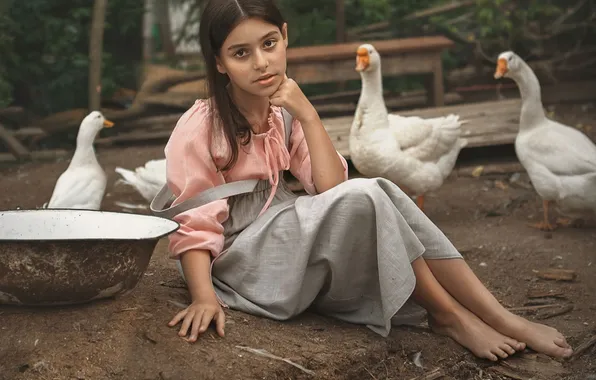 Look, pose, village, girl, sitting, photoshoot, geese, basin