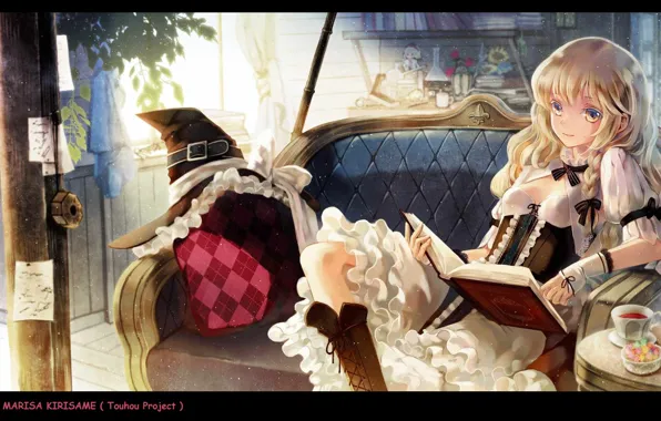 Room, the tea party, book, corset, bows, broom, on the couch, pigtail