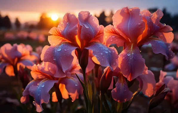 The sun, drops, macro, sunset, flowers, Rosa, petals, pink