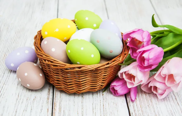 Picture flowers, eggs, colorful, Easter, tulips, happy, wood, pink, flowers, tulips, Easter, purple, eggs, decoration, basket