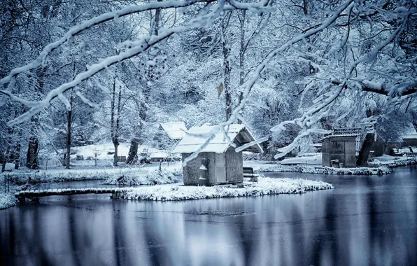 House, river, winter, cold