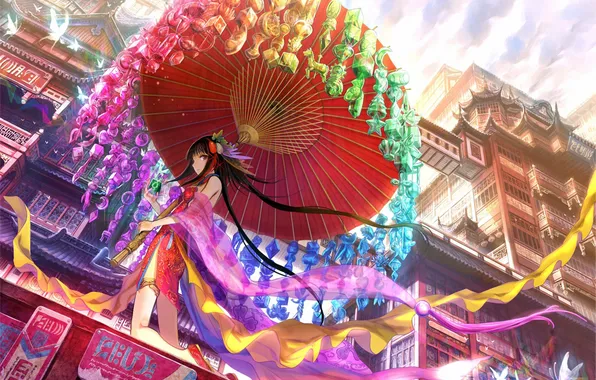 Picture girl, the city, umbrella, art, carousel, figures, fuji choko