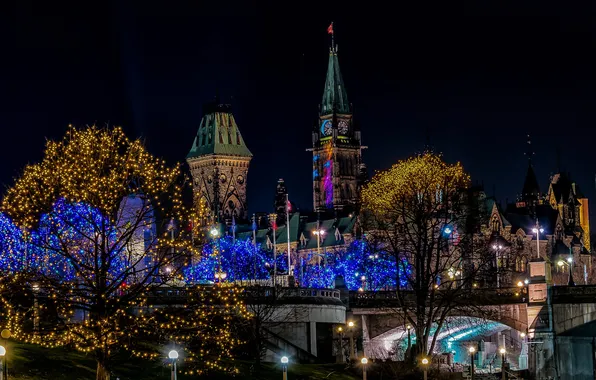 Night, bridge, lights, tower, Canada, Ottawa