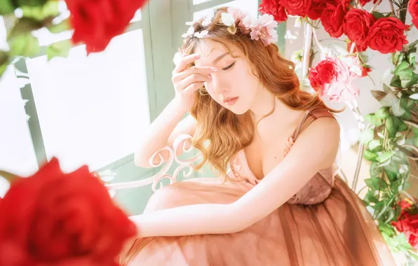 Girl, light, flowers, face, pose, portrait, roses, hands