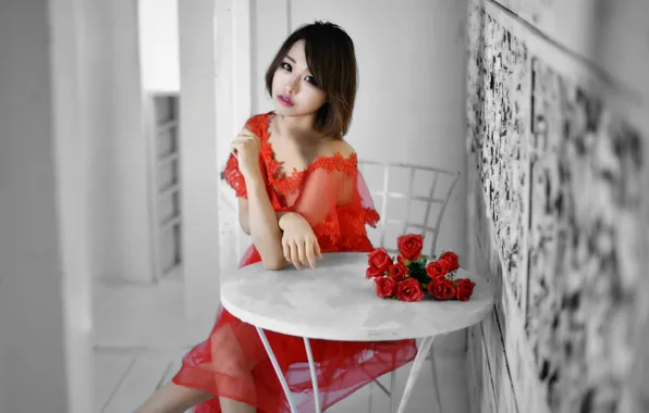 Picture girl, roses, Asian