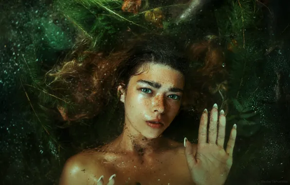 Look, water, girl, branches, hand, portrait, lies, freckles
