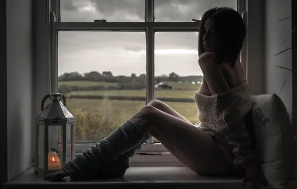Picture girl, window, pillow, legs, leg warmers