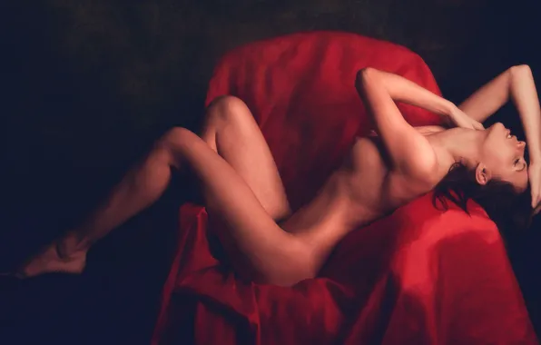 Erotic, chest, girl, red, pose, the dark background, feet, model