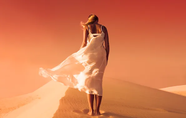 Red, girl, white, fashion, dress, woman, view, sand