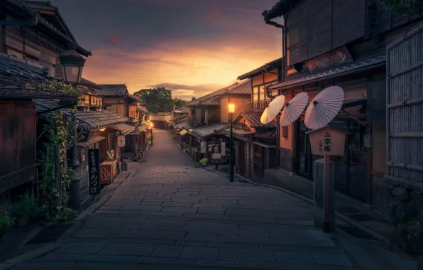 Road, clouds, sunset, the city, street, tile, building, home