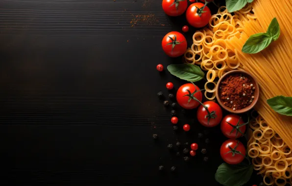 Greens, leaves, the dark background, Board, tomatoes, spaghetti, tomatoes, spices