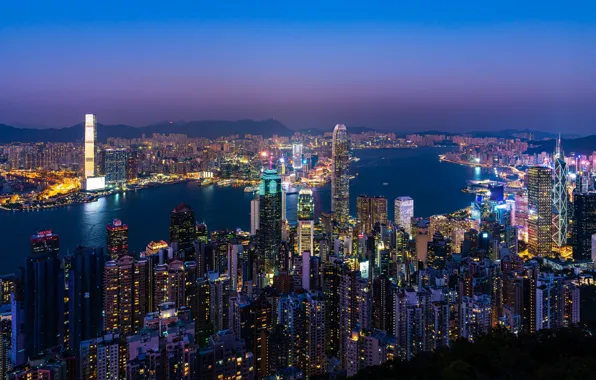 Wallpaper Hong Kong, Lights, Night, The city, Horizon, Skyscrapers ...