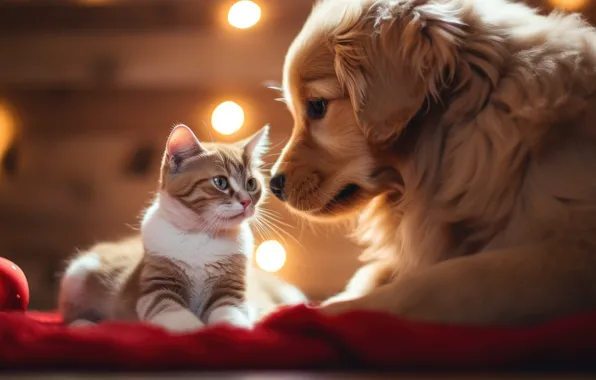 Cat, look, light, lights, kitty, dog, Christmas, puppy