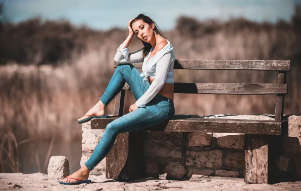 Clouds, model, women, jeans, brunette, bench, sitting, women outdoors