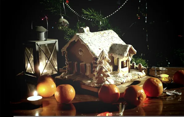 Orange, tree, lanterns, tangerines, gingerbread house