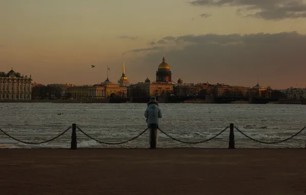 Sunset, Spring, Peter, River, Saint Petersburg, St. Isaac's Cathedral, Peter and Paul fortress, Russia