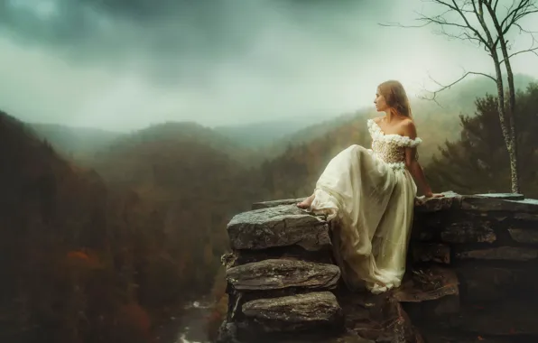 Autumn, girl, river, stone, height, TJ Drysdale, Stay