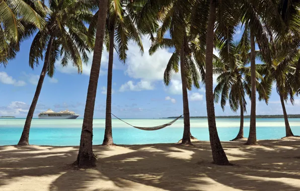 Picture beach, tropics, palm trees, the ocean, ship, hammock, South Pacific