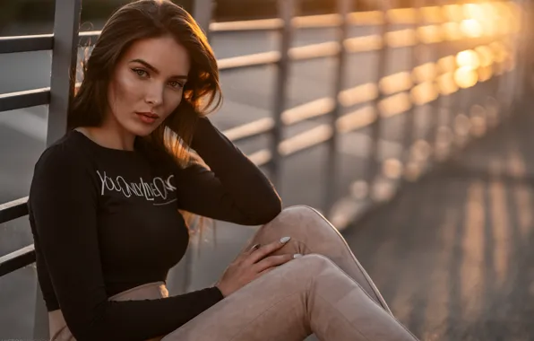 Look, the sun, pose, model, portrait, makeup, the fence, hairstyle