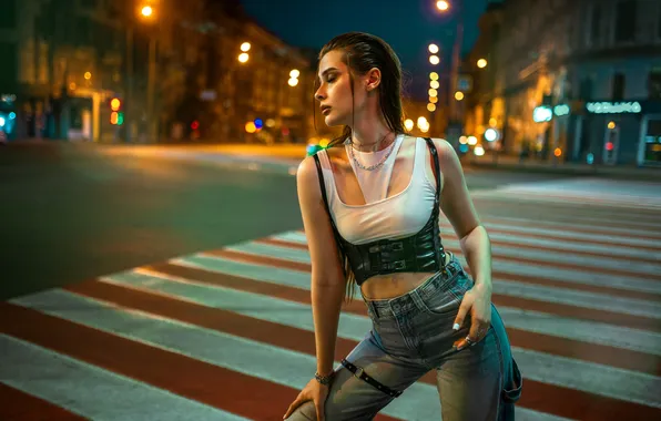 Wallpaper road, night, lights, pose, model, portrait, jeans, makeup