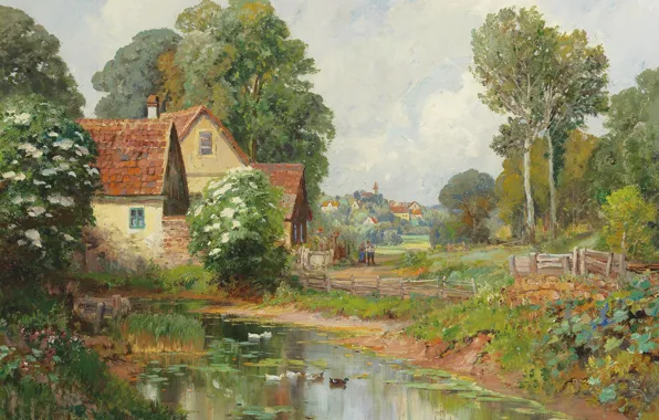 Alois Arnegger, Austrian painter, Austrian painter, oil on canvas, Alois Arnegger, Landscape with village in …