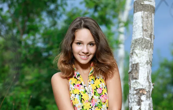 Picture girl, trees, brown eyes, nature, woman, young, smile, beautiful