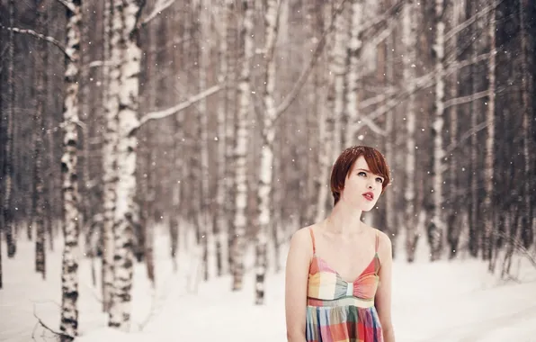 Girl, snow, dress, redhead, trees. forest