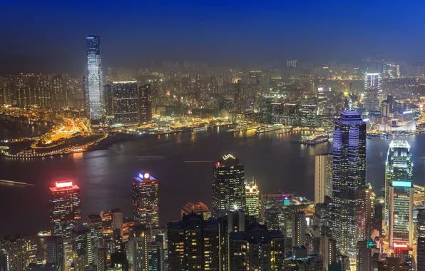 Picture night, the city, river, photo, home, Hong Kong, China, megapolis