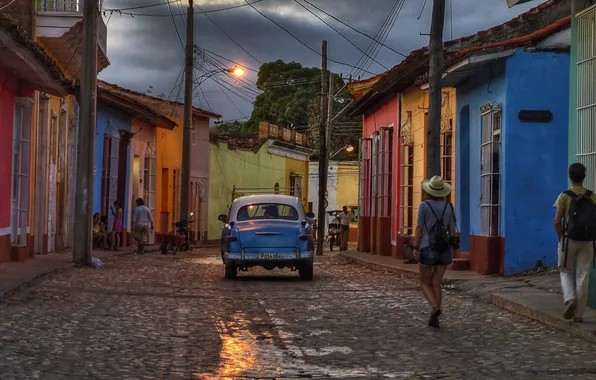 Clouds, people, street, home, back, car, twilight, Cuba