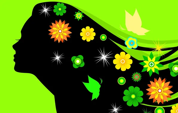 Girl, flowers, eyelashes, hair, silhouette, green background
