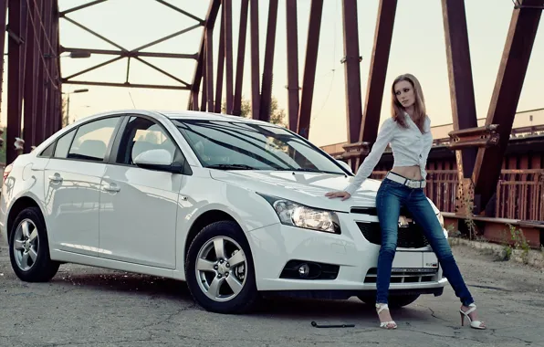 Picture girl, bridge, Girls, Chevrolet, white car