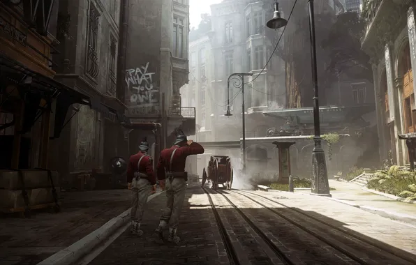 City, the city, street, the game, art, guards, Dishonored, Arkane Studios