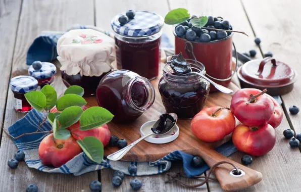 Picture berries, jars, peaches, jam, blueberries