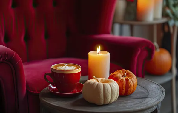 Table, coffee, candle, chair, Cup, pumpkin, pumpkin, Halloween