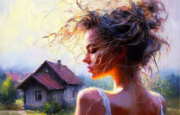 Summer, the sky, girl, light, house, the wind, paint, back