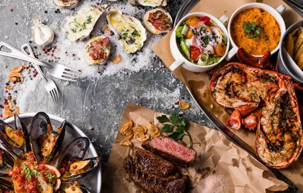 Meat, shrimp, seafood, mussels, oysters
