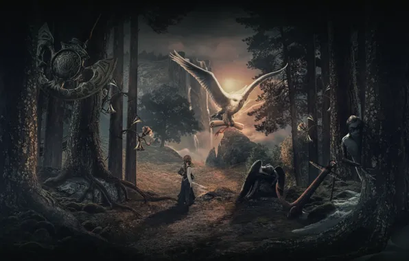 Forest, owl, waterfall, girl, anchor, nightwish, the pendulum