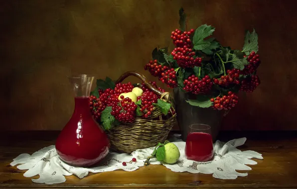 Branches, glass, berries, basket, apples, drink, still life, napkin