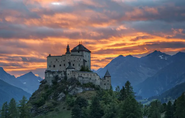 Picture the sky, clouds, trees, sunset, mountains, the evening, Switzerland, medieval architecture