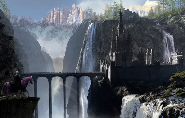 Picture bridge, castle, horse, art, rider, arch, waterfalls